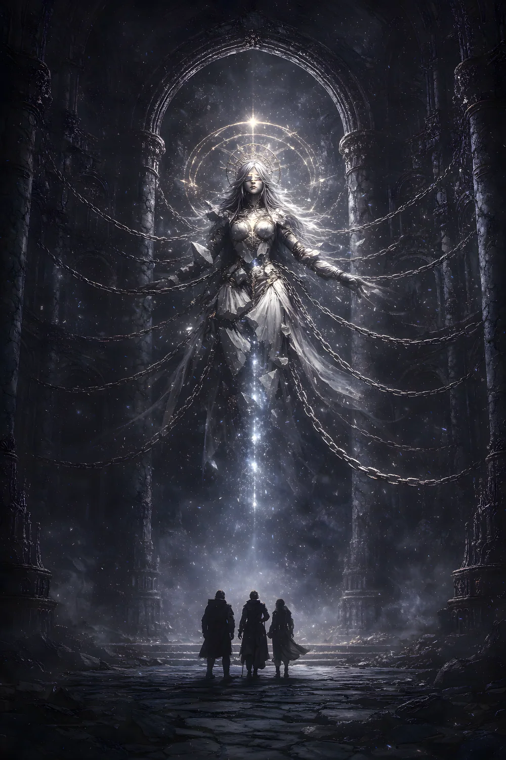 Three travelers stand before a floating figure in the ancient halls of Abythera.